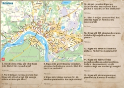 Krāslavas pilsētas karte ar atzīmētiem punktiem un orientēšanās spēles jautājumiem.