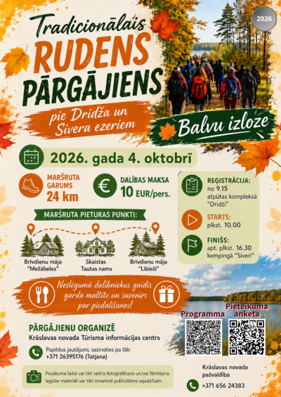 Cilvēki dodas pārgājienā pa rudenīgu meža taku pie ezera. Pasākuma afiša