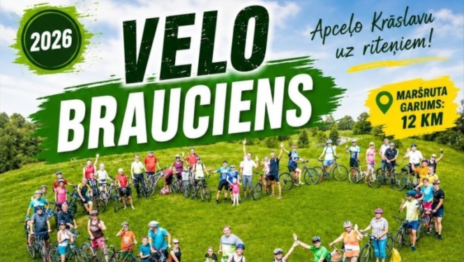 Liela velobraucēju grupa pļavā ar velosipēdiem. Pasākuma afiša