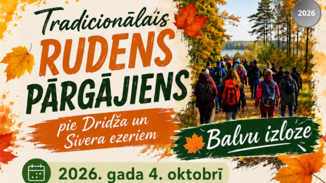 Cilvēki dodas pārgājienā pa rudenīgu meža taku pie ezera. Pasākuma afiša