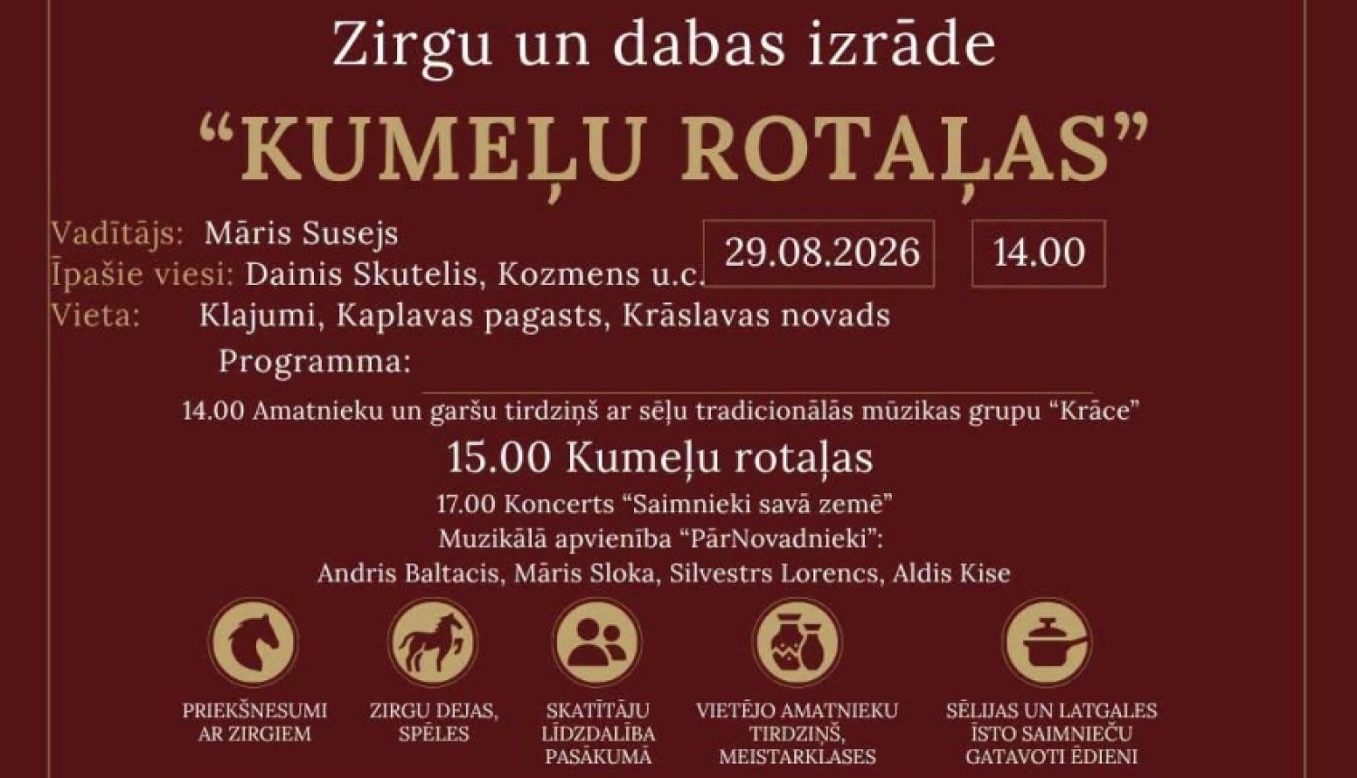Jātnieki uz zirgiem un pasākuma apmeklētāji. Pasākuma afiša